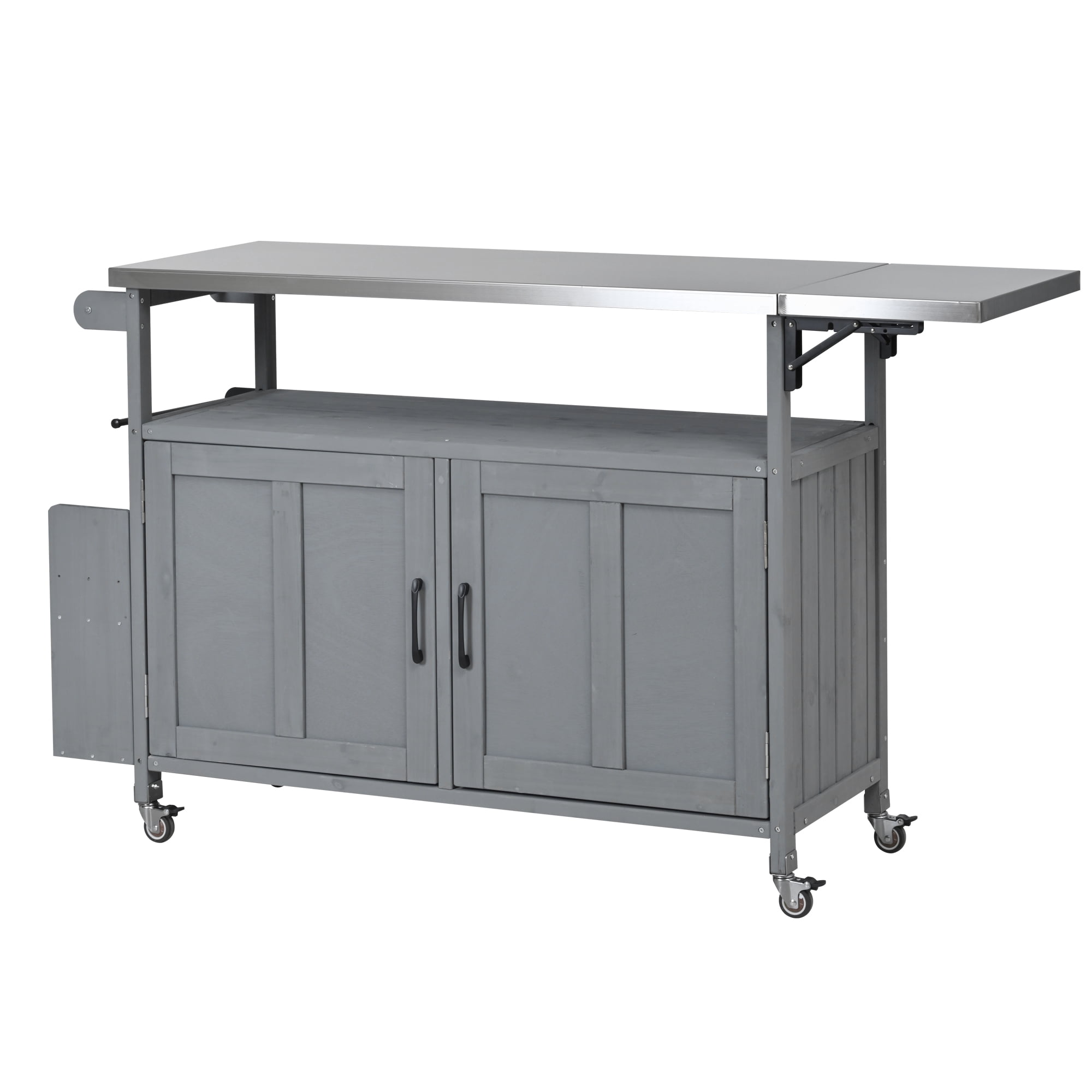 Harper & Bright Designs Outdoor Extendable Kitchen Island with Wheels, Patio Kitchen Cart with Foldable Stainless Steel Top, Portable Prep Station with Storage Cabinet and Towel Rack for Garden, Grey
