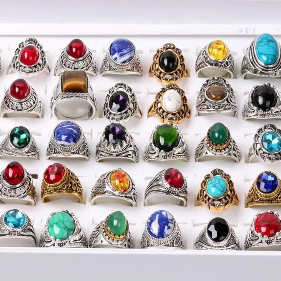 HOOUN 20pcs Lots Wholesale Silver Wedding Turquoise Stone Jewelry Rings for men women