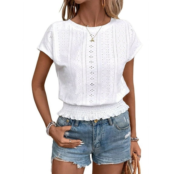 Women Dressy Casual Cap Sleeve Tops with Smocked Hem White S