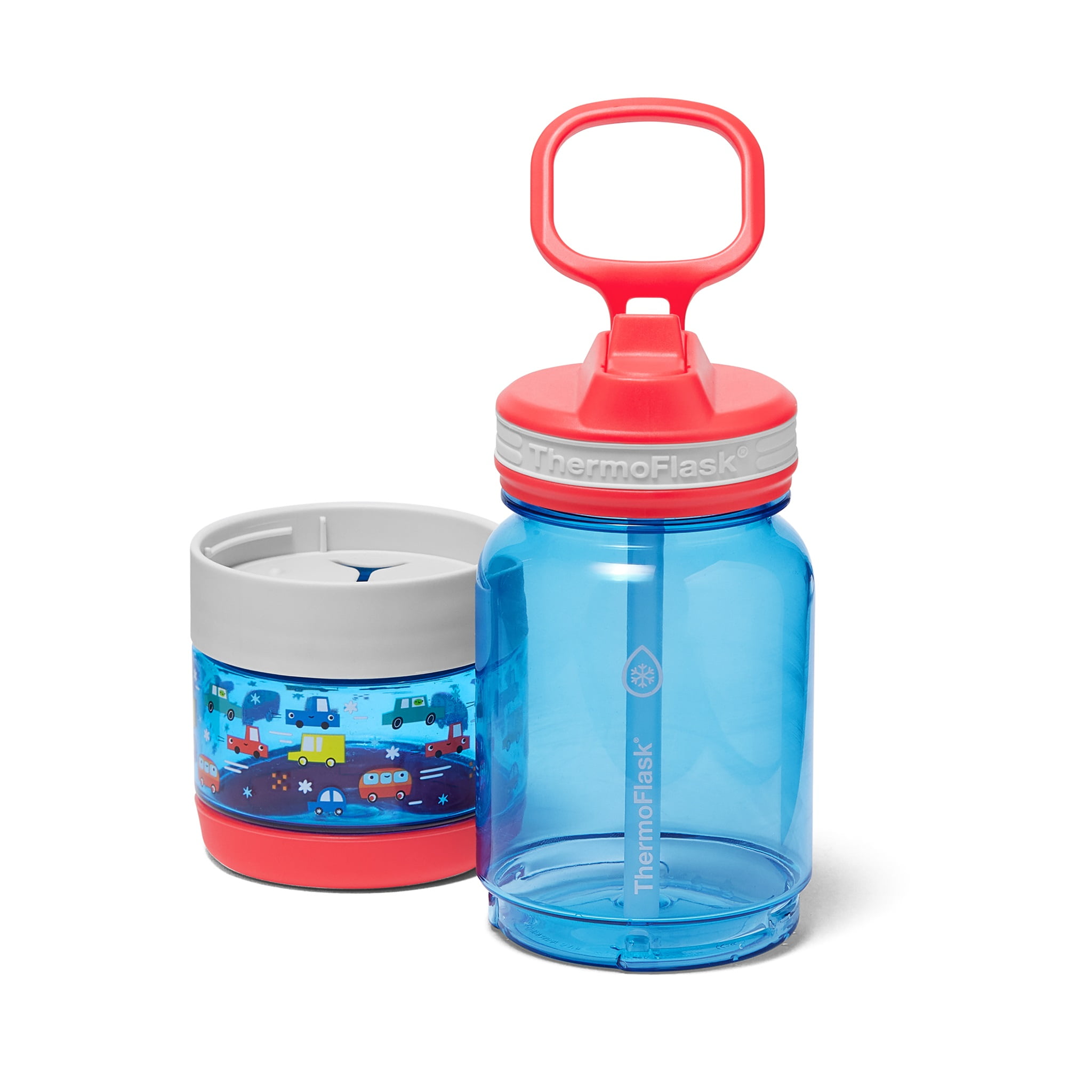 ThermoFlask 14 oz 2-in-1 Snack and Sip Durable Tritan Bottle with Integrated Snack Cup Compartment - Leakproof Folding Straw Lid - Protective Bumper - Cars Design