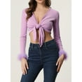 thumbnail image 2 of Women's Long Sleeve Shrug Tie Front Elegant V Neck Faux Feather Cuff Crop Tops Cardigans XS Purple, 2 of 6
