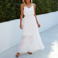 thumbnail image 3 of Vestido sin mangas con cuello en V, dobladillo con volantes fruncidos, vestido con tirantes finos, cintura elástica, vestido sin espalda, vestido maxi sin mangas con vuelo, Blanco L, 3 of 6