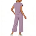 thumbnail image 4 of Avrnliq Womens Purple Two Piece Top and Pants Set, Stretch Breathable V Neck Cap Sleeve Top & Drawstring Wide Leg Cropped Pants, Casual Everyday Wear,Size XL, 4 of 6