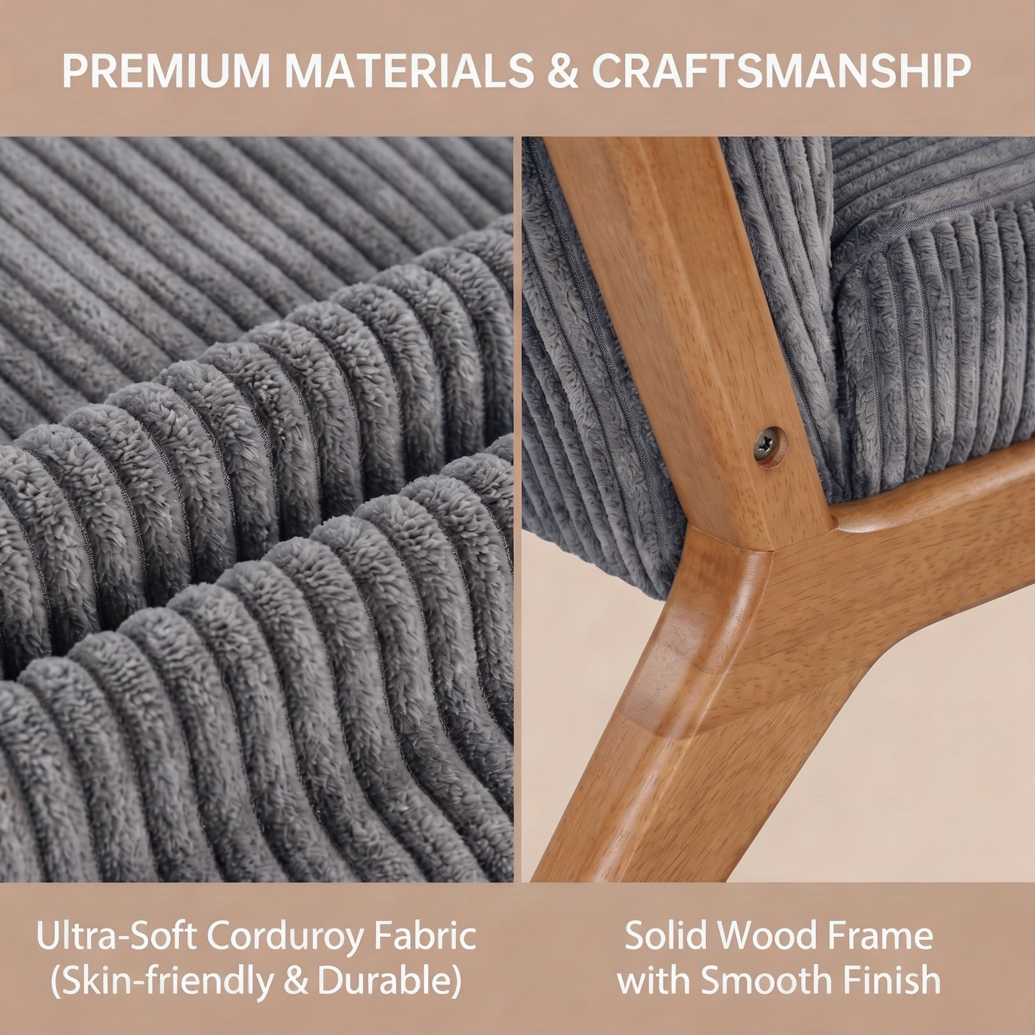 Mid-Century Modern Corduroy Accent Chair with Solid Wood Frame & Lumbar Pillow, Gray