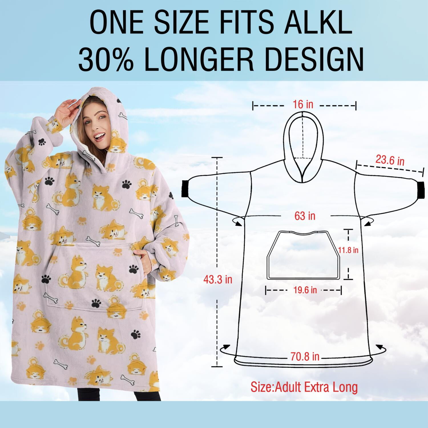Oversized Wearable Blanket Hoodie,Cute Shiba Inu Sherpa Blanket Hoodie with Super Pockets,Super Warm Fuzzy Pullover for Women & Men