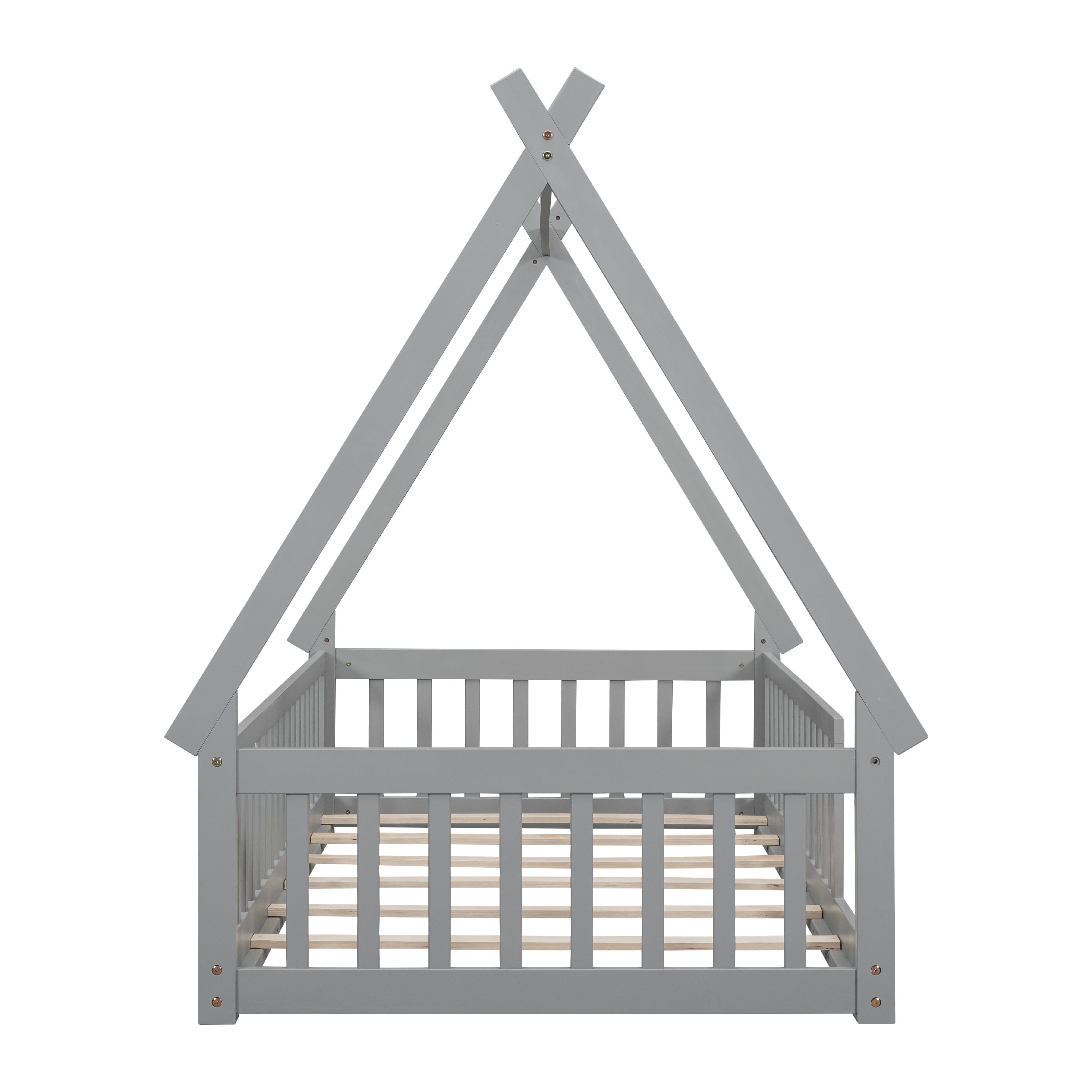 Twin Size House Floor Bed, Wood Montessori Bed Frame with Fence Guardrails, House Beds Frame No Box Spring Needed（Twin,Gray)