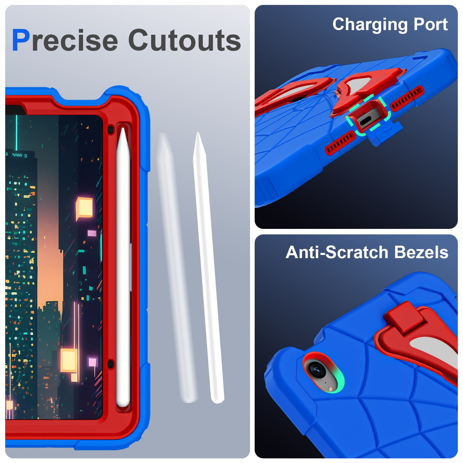 ELEHOLD Kids Friendly Case For iPad Air 11-inch M3 (2025) / M2 (2024), Heavy Duty Shockproof Rugged Protective Case with Pencil Holder Foldable Kickstand for Boys Children Case, Blue+Red