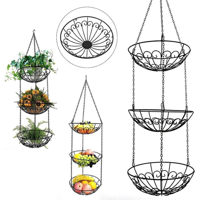 Cesta de Alambre para Colgar Frutas, Cesta de Hierro para Frutas de 3 Niveles, Frutero de Cocina, Cesta para Almacenar Frutas y Verduras