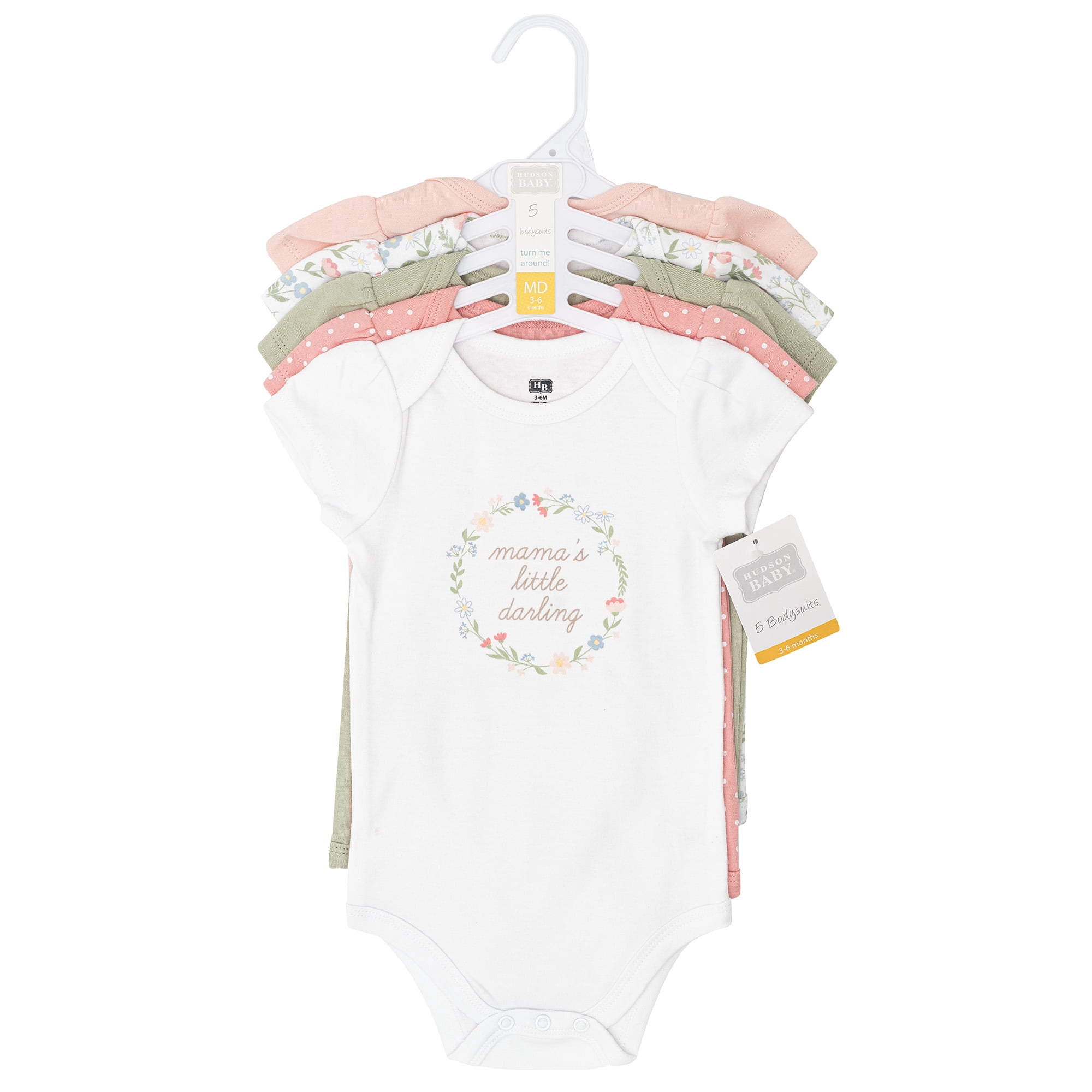 Hudson Baby Infant Girls Cotton Bodysuits 5-Pack, Pastel Wildflower, 3-6 Months