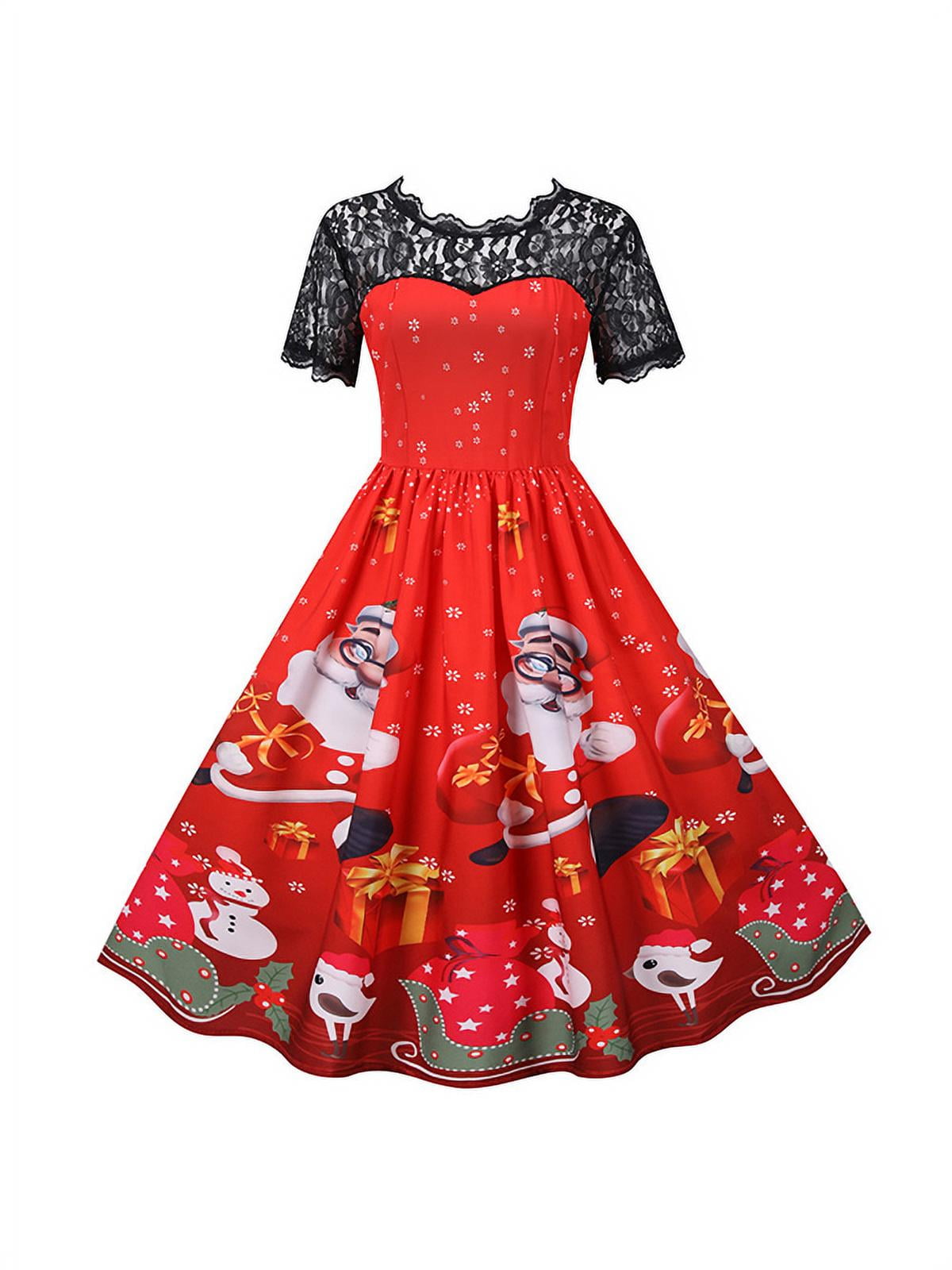 Womens Vintage Christmas O-Neck Printed Sleeveless A-Line Swing Dress+Sashes Costume Cocktail Evening Dress