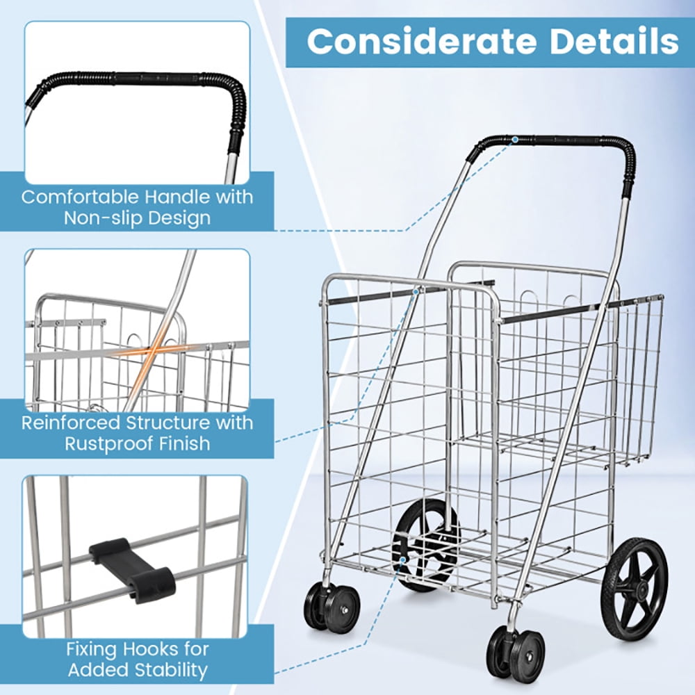 Barara King Outdoor Utility Carts,Folding Shopping Cart for Laundry with Swiveling Wheels and Dual Storage Baskets-Sliver