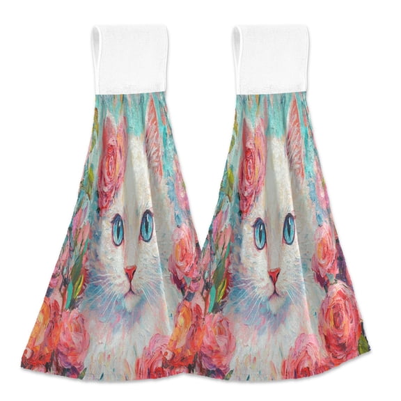 BZSMCE Hanging Hand Towels Fashion White Cat Surrounded by Flowers Pattern 2-Pack - Velcro Style Bathroom Kitchen Towels