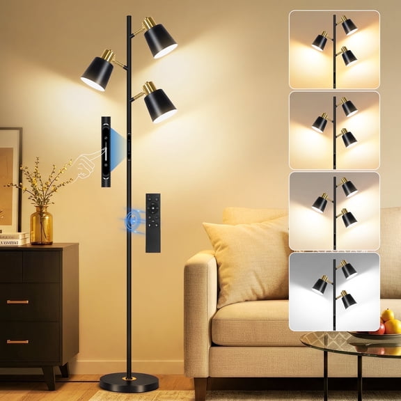 OUTON Tree Floor Lamp with 3 Adjustable Rotating Lights，Standing Tall Pole Lamps for Living Room, Bedroom, Home, Office-Black(Bulbs Included)