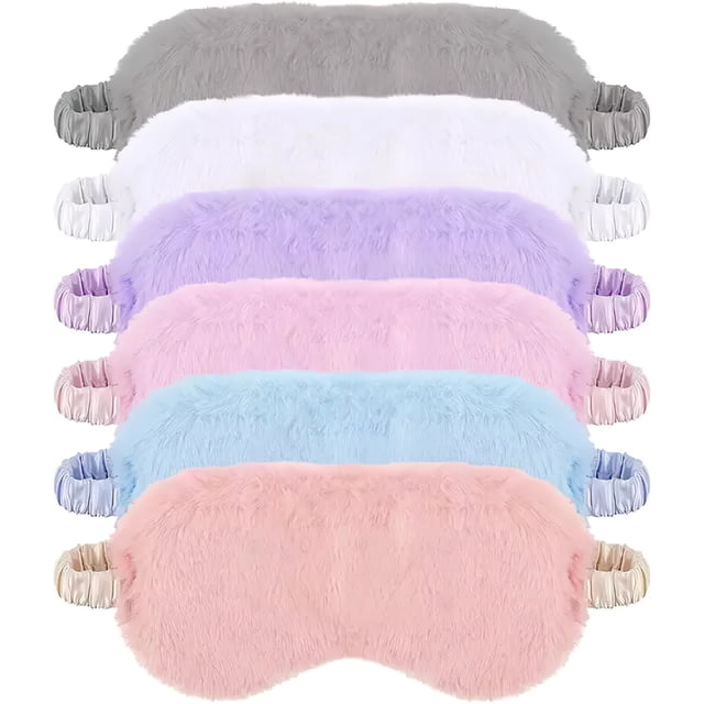 Antifaz para dormir Fuzzy – Lindo antifaz de felpa para ojos de conejito para fiesta de pijamas, paquete a granel de 12, poliéster, 8.1 x 3.7 pulgadas, correa elástica, 6 colores, bloqueo de luz para