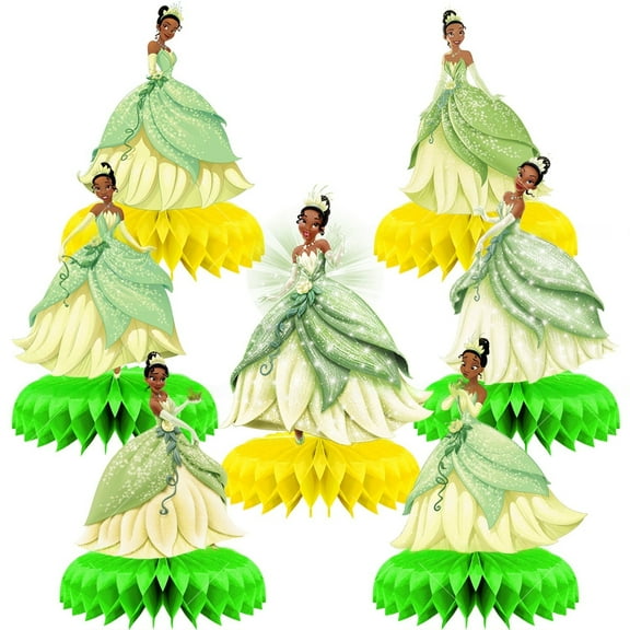 7PCS Princess Tiana Party Supplies, Honeycomb Centerpieces 3D Double Side Party Decor, Colorful Non-Fading Cardstock Birthday Party Decorations for Tabletop, Cake Display