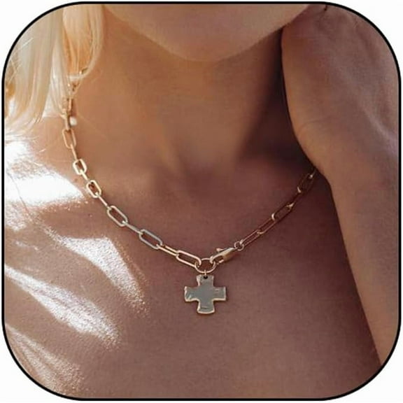Chunky Cross Necklace for Women, 14k Gold-Plating Geometric Metal Sheet Faith Pendant Vintage Paperclip Chain Choker