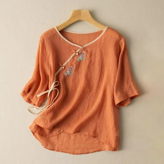 Orange Young Adult Tops 2025 Women's Embroidered Shirt Summer Loose Hooded Top Plus Size Tops for Women