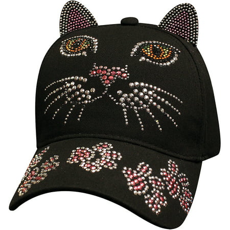 Black Cat Bling Cap - 100% Cotton Hat Embellished w/ Faux Gems & Kitty Ears