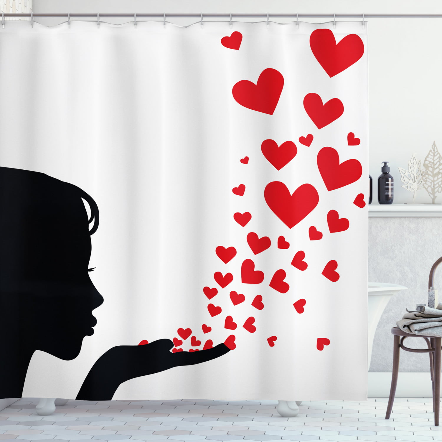 Valentine's Day White and Red Love Hearts Shower Curtain Set Waterproof Fabric 