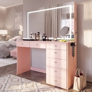 Boahaus Aria Vanity Desk with Mirror and Lights – 7 Drawer Makeup Vanity Table with Storage, Power Outlet and Speakers