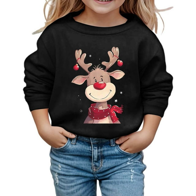 FYEGRE Chandail de Noël pour Fille pour Service à l'Église, Chandail Festif à Manches Longues à Col Rond pour Filles, Haut Chandail Douillet pour le Confort des Fêtes et le Port Quotidien, Noir, 4-5 Ans
