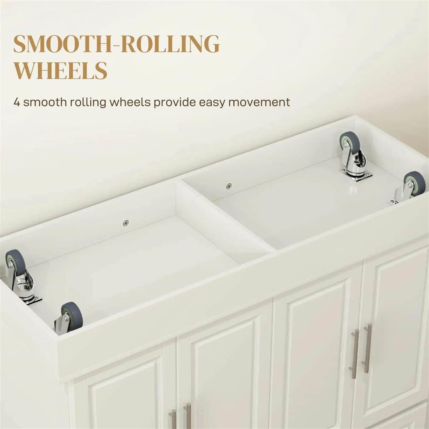 Demi Bonn 57" Rolling Kitchen Island with Stainless Steel Top, 2-Drawer Storage, Spice & Knife Rack, Mobile Island Cart for Cooking & Dining, White