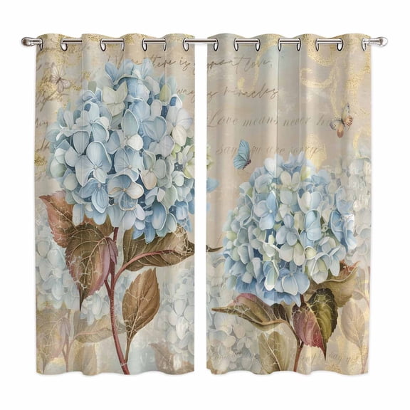 Curtains 84 Inches Long 2 Panels, Blue Hydrangea Grommets Window Treatment Curtain, Flowers Leaves Butterfly Retro Khaki Thermal Curtains Drapes for Living Room/Bathroom