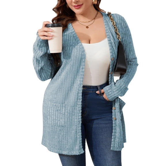 Cogild Plus Size Women's Long Blue Brushed Knit Cardigan – Button-Up Outerwear with Front Pockets XL~5XL