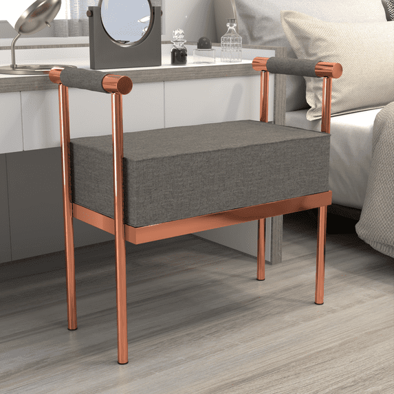 Modern Upholstered Bench Seat with Copper Frame,Ottoman Bench with Armrests, Entryway Bench Living Room Foot Rest Stool,Footrest Foot Stool with Sturdy Metal Frame