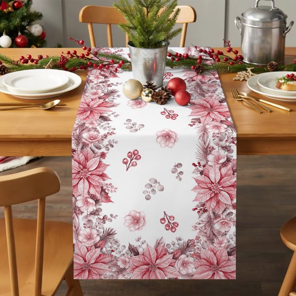 Table Runner 36 Inches Long - Rustic Poinsettia Berry Leaf Decorative Table Scarf, Winter Pink Flower Botanical Dining Table Runners for Wedding Party Kitchen Dining Tables