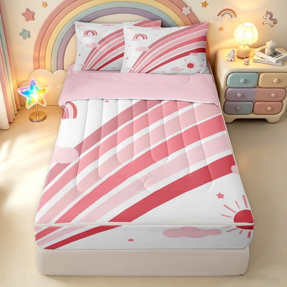Manfei Rainbow Lines Zipper Twin Comforter Sets with Fitted Sheet and 2 Pillowcases, Sky Sun Cloud Zipper Bedding Set, Pink White, Pink Reversible, 4 Pieces