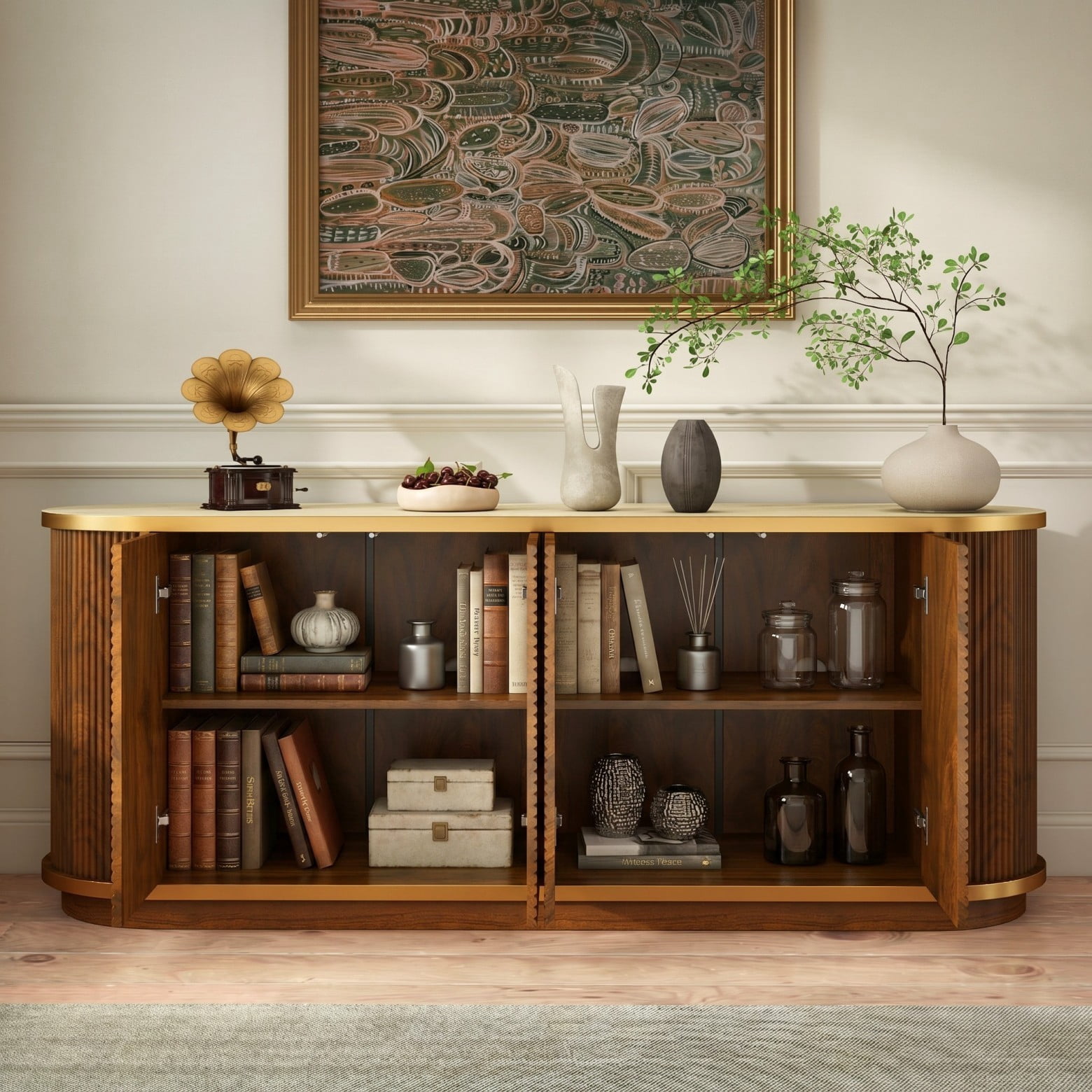 63" Fluted Sideboard Cabinet with Marble Top, 4 Door Buffet Credenza Storage, Push-to-Open Doors & Gold Trim TV Console, Brown