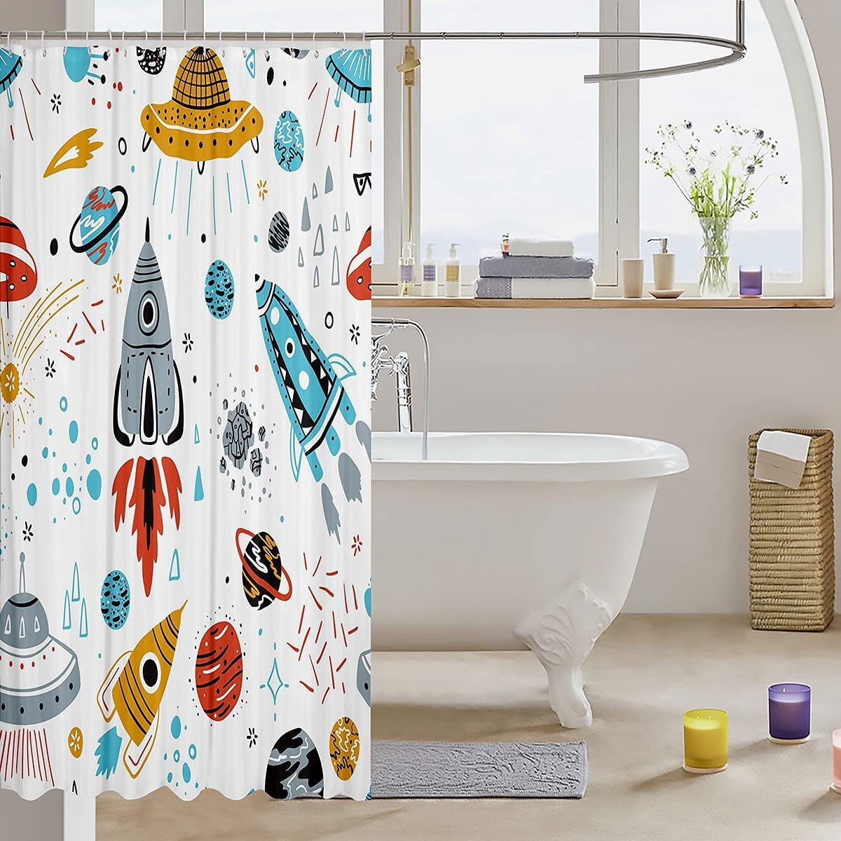 Kids Space Rocket Shower Curtain Boys Universe Planet Bathroom Shower Curtain Set for Children Outer Space Adventure Bath Curtain Space Ship Design Waterproof Room Decor 72"x72"