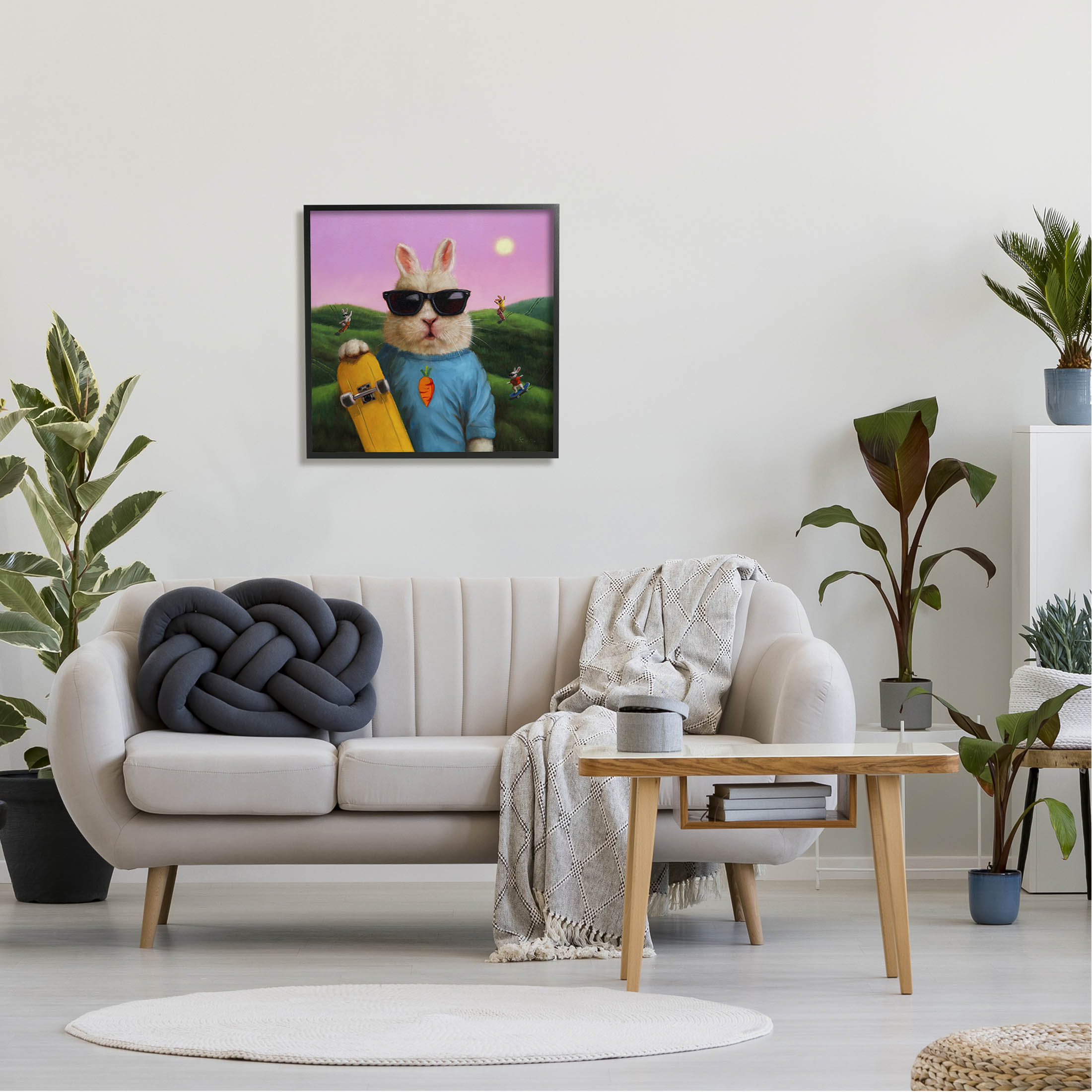 Funny Rabbit Skateboarding Park Animals & Insects Painting Black Framed Art Print Wall Art