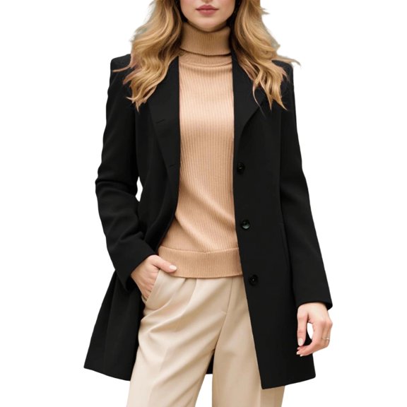 Women's Elegant Single-Breasted Wool Coat - Mid-Length Solid Color Long-Sleeved Winter Outerwear, Black, L