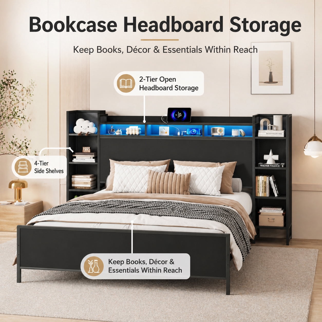 Miniyam Full Platform Bed Frame with Bookcase Headboard, Charging Station, LED Lights, Side Storage Shelves, Black
