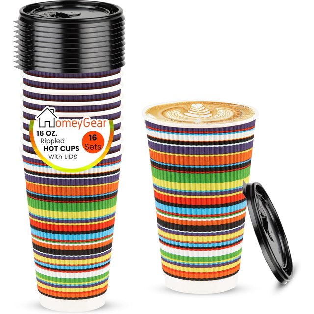 Paper Hot Cups with Lids - Premium Insulated Ripple Wall Hot Coffee Tea Chocolate Drinks Perfect Travel To Go Disposable Colorful Paper Cup and Lids 16 Ounce 12 Pack