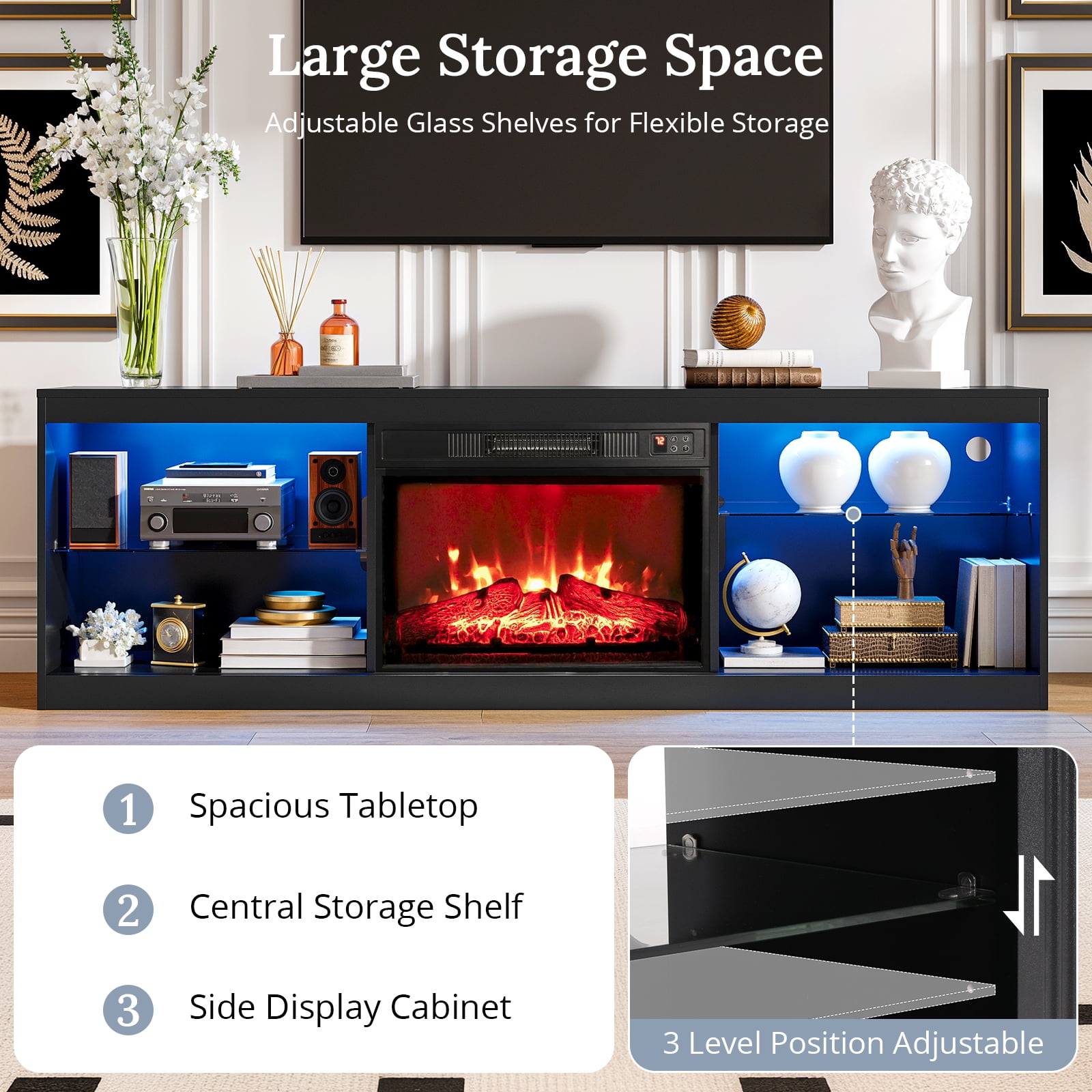 Holliwill 70" Fireplace TV Stand for TVs up to 80" with LED Lights, Fluted Modern Entertainment Center with 23" Electric Heater TV Console with Sliding Door for Living Room, Black