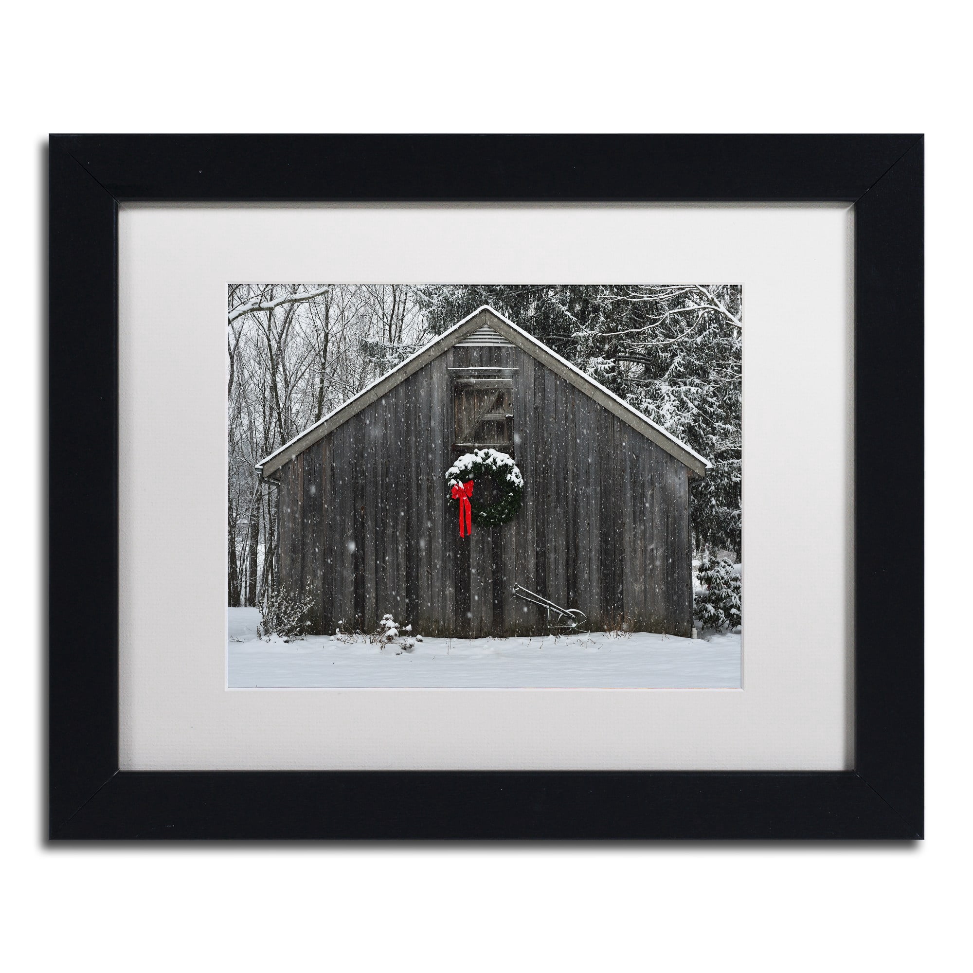 Trademark Fine Art "Christmas Barn in the Snow" Canvas Art by Kurt Shaffer White Matte, Wood Frame