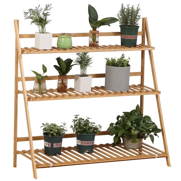 Outsunny Étagère de Rangement Pliable à 3 Niveaux, Support à Plantes en Échelle de Bambou, Naturel