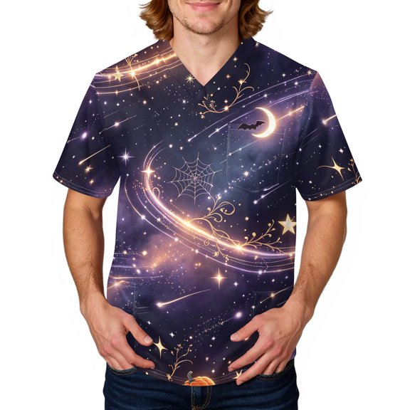 Halloween Mens Scrub Top Novelty Printed V-Neck Short Sleeve Scrub Top Halloween Scrub Shirts with Pockets