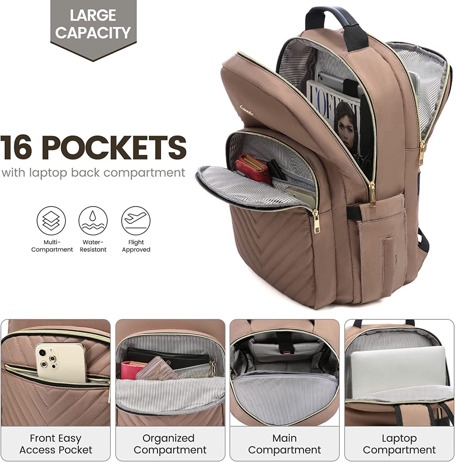 Lovevook Laptop Backpack for Women, 15.6" Quilted Travel Backpack with Anti-Thief Pocket, Teacher Backpack Book Bag Nurse Bag Purse with USB-Coffee Brown