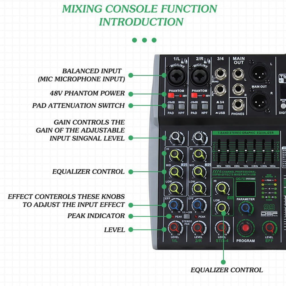 Professional Audio Mixer 6 Channel Built-in 99DSP 7-Segment Balanced Effect Bluetooth Support Recording Mixer US Plug