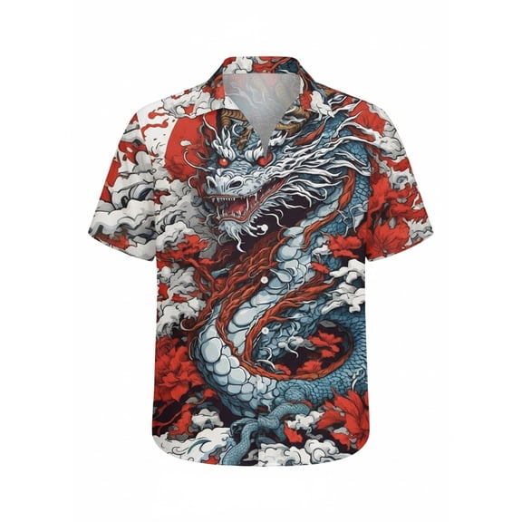 IWRICH Men's Dragon Shirts 3D Fantasy Animal Button down Themed T-Shirt Funny Short Sleeve Tees Tops Red XL