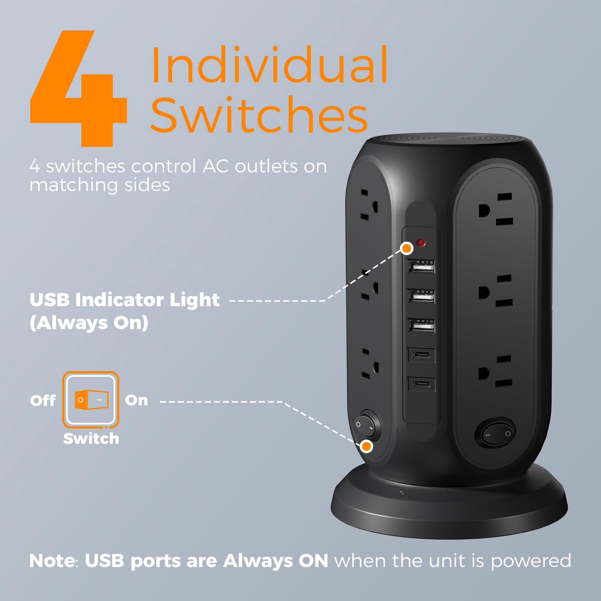Tower Power Strip With Individual Switches  Surge Protector 12 Outlets 5 Usb Ports(2 C) Flat Extension Cord 10 Ft 1250w Charging Station For Multiple Devices Office Dorm Black