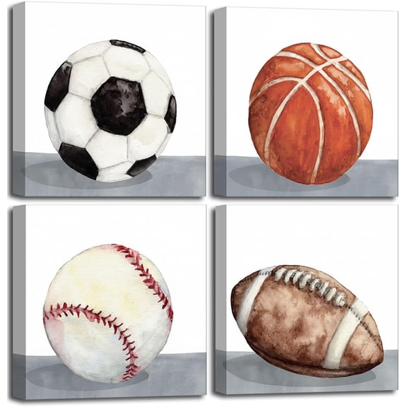 4Pcs Sports Canvas Wall Art Vintage Boys Room Poster Prints Soccor Football Baseball Basketball Pictures Wall Decor for Kids Room Nursery Playroom Bedrooms Unframed