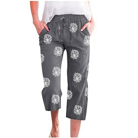 DXOUPM Dress Pants Women Women s Spring and Summer Printed Lace Up Pocket Loose Wide Legged Capris Wide Leg Joggers for Women Women s Vacation Clothing Workout Pants for Women Dark Gray S