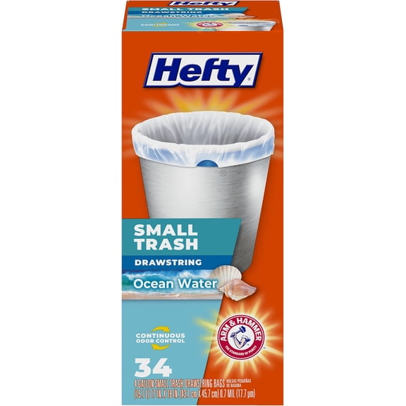 Hefty Small Trash Bags, Ocean Water Scent, 4 Gallon, 34 Count