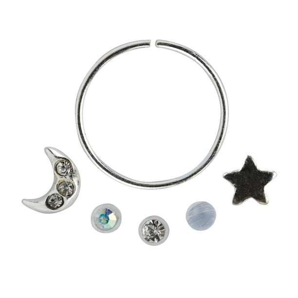 Claire's Women's Sterling Silver 20G/22G Moon and Star Nose Rings, 3