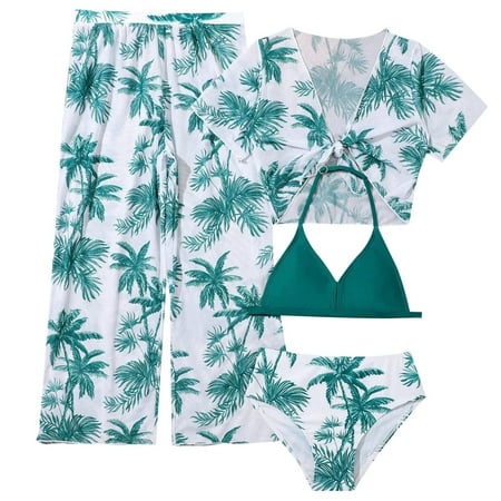 

Girls 4PCS Swimsuits Tropical Printed Halter Bikini Set Bathing Suits With Mesh Pants Child Swim Wear